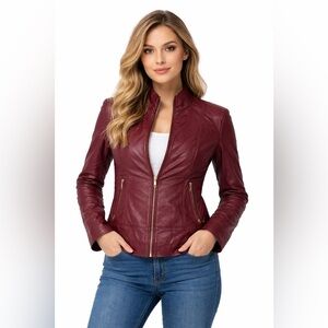 FURNIQ UK Nappa Leather Jacket Dark Burgundy Women’s Size Medium